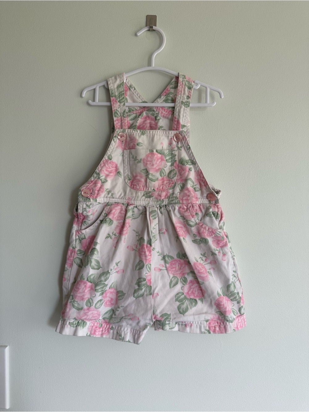 Vintage Sesame Street Denim Floral Short Overalls White and Pink